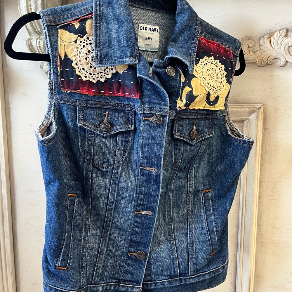 Old Navy Blue Jean Jacket with Floral Accents